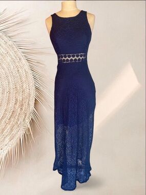 Navy Lace Maxi Dress with Waist Cutout